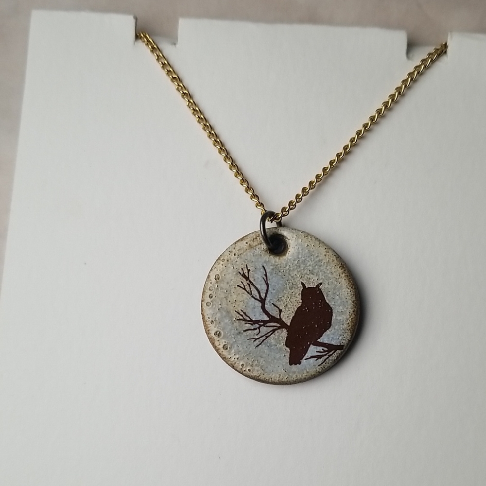 Owl In Moon Clay Pendant